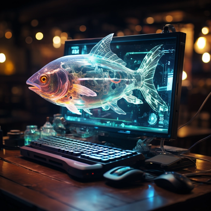 a holographic fish floating out of a computer screen depicting sci fi attributes of Uranus in Pisces